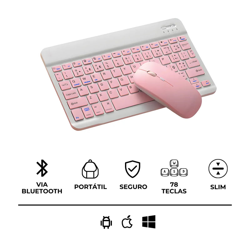 Teclado Sem Fio Bluetooth Recarregável Com Mouse - ROSA