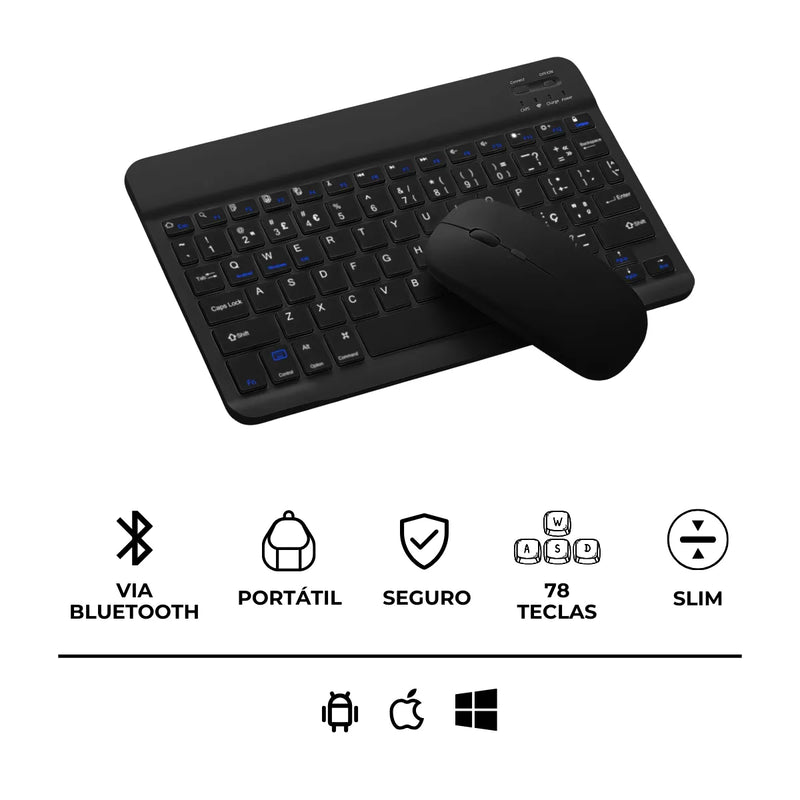 Teclado Sem Fio Bluetooth Recarregável Com Mouse - PRETO