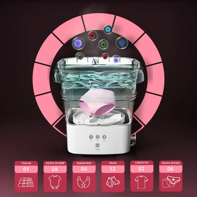 Mini Máquina de Lavar Roupa Portátil Dobrável - ROSA