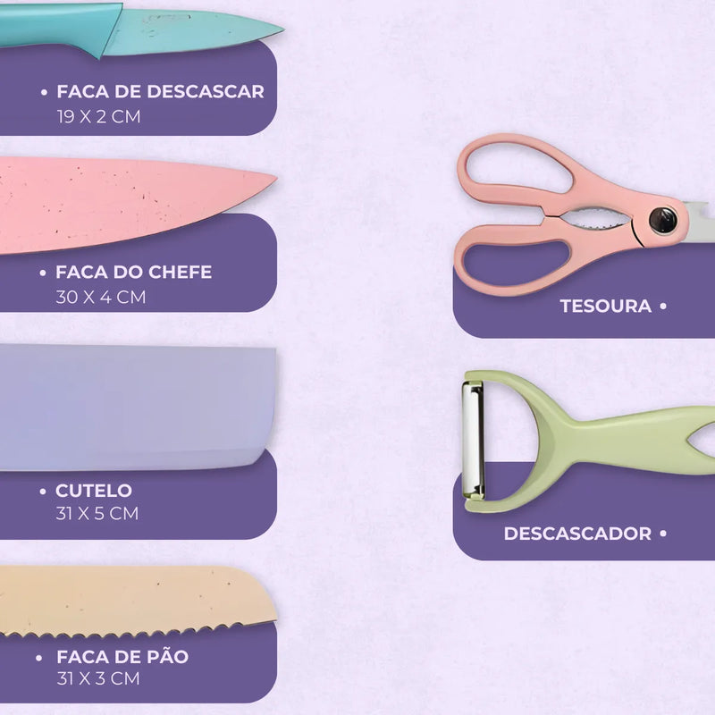 Conjunto de Facas 6 Peças Aço Inoxidável Colorido Multifunci
