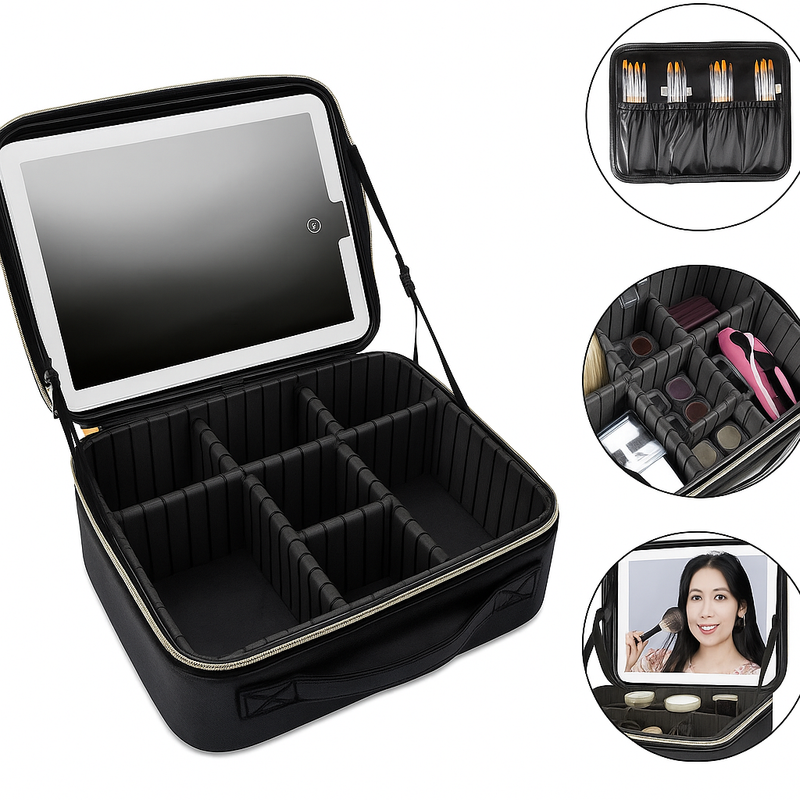 Maleta de Maquiagem com Espelho LED Preto