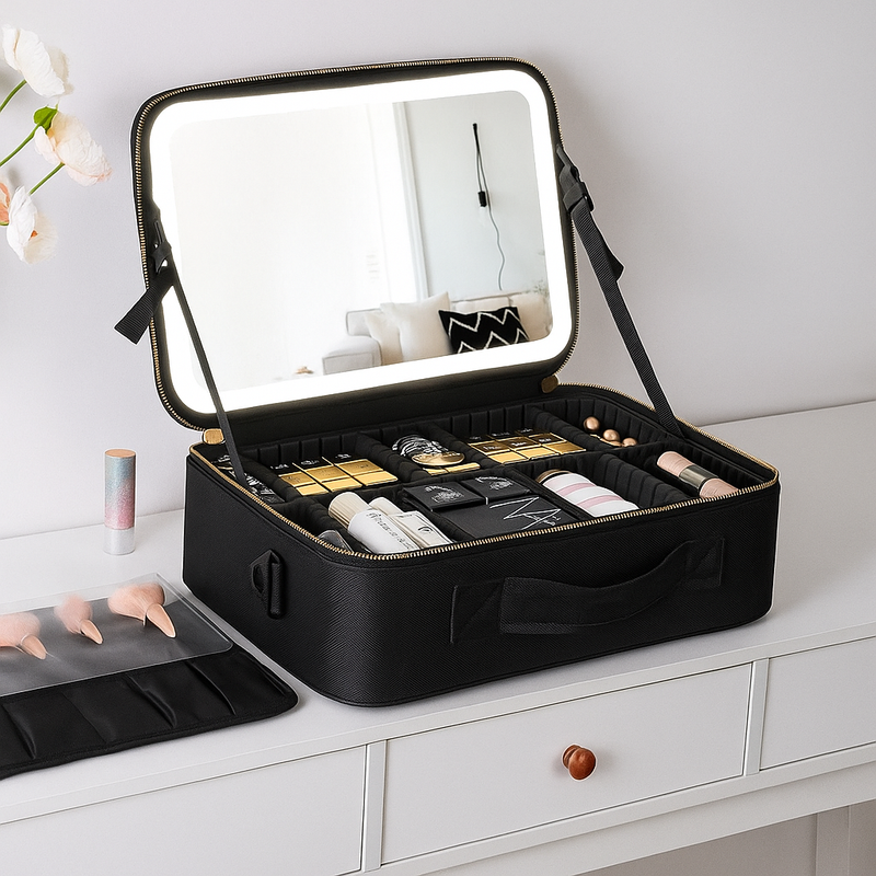 Maleta de Maquiagem com Espelho LED Preto