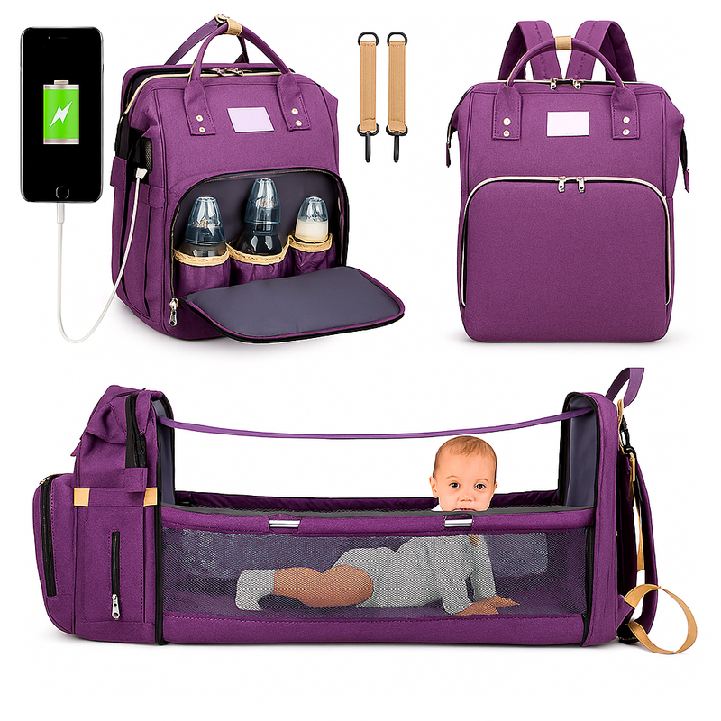 Mochila Maternidade Vira Berço Bebê Usb Impermeável Trocador