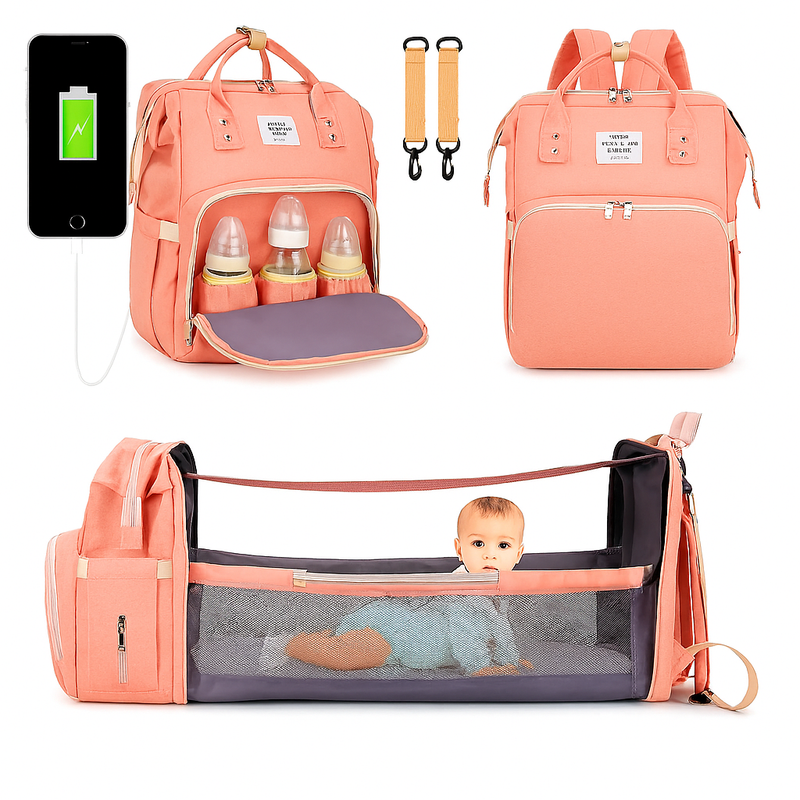 Mochila Maternidade Vira Berço Bebê Usb Impermeável Trocador