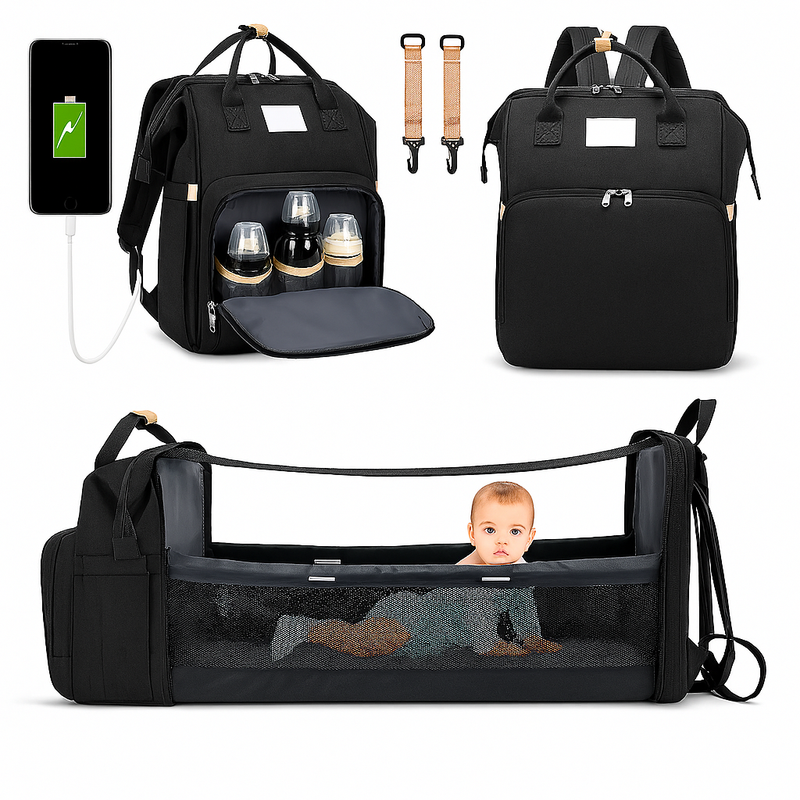 Mochila Maternidade Vira Berço Bebê Usb Impermeável Trocador