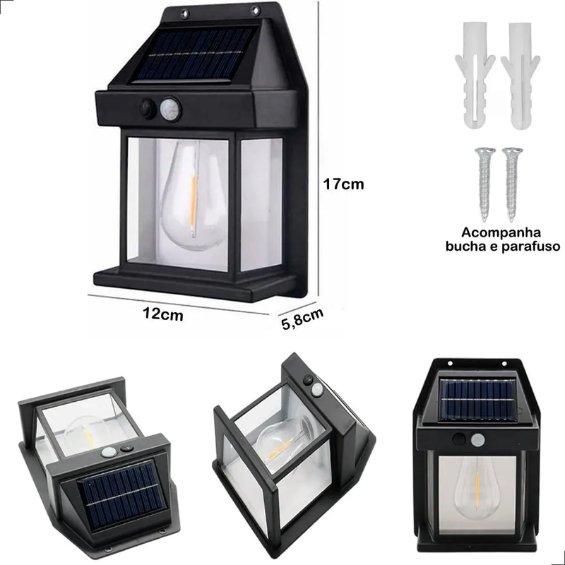 Luminária Solar Arandela Retrô De Parede Com Sensor Presença