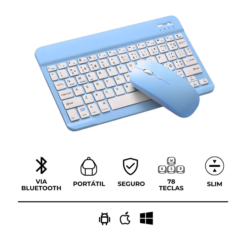 Teclado Sem Fio Bluetooth Recarregável Com Mouse - AZUL