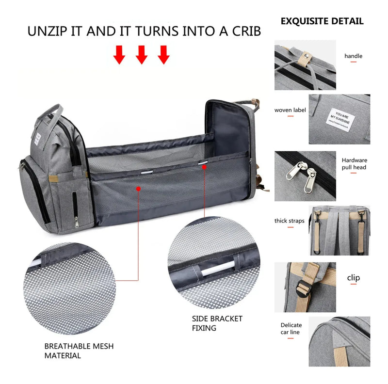 Mochila Maternidade Vira Berço Bebê Usb Impermeável Trocador