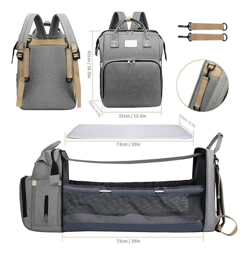 Mochila Maternidade Vira Berço Bebê Usb Impermeável Trocador