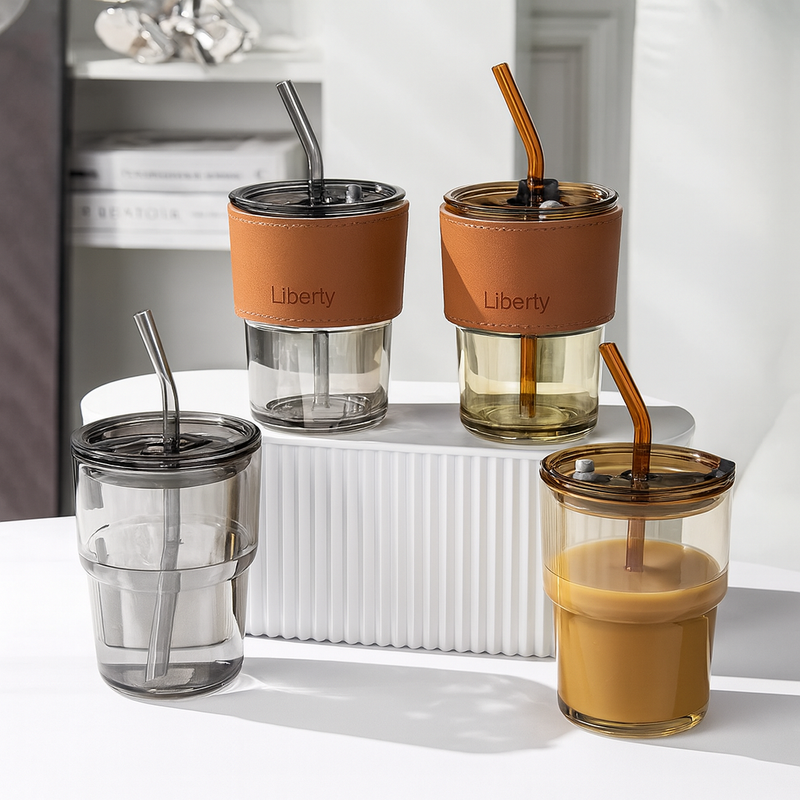 Copo De Vidro Com Canudo Tampa e Vedação 450ML