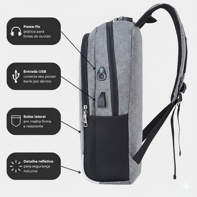 Mochila Executiva para Notebook com Entrada USB, Anti furto